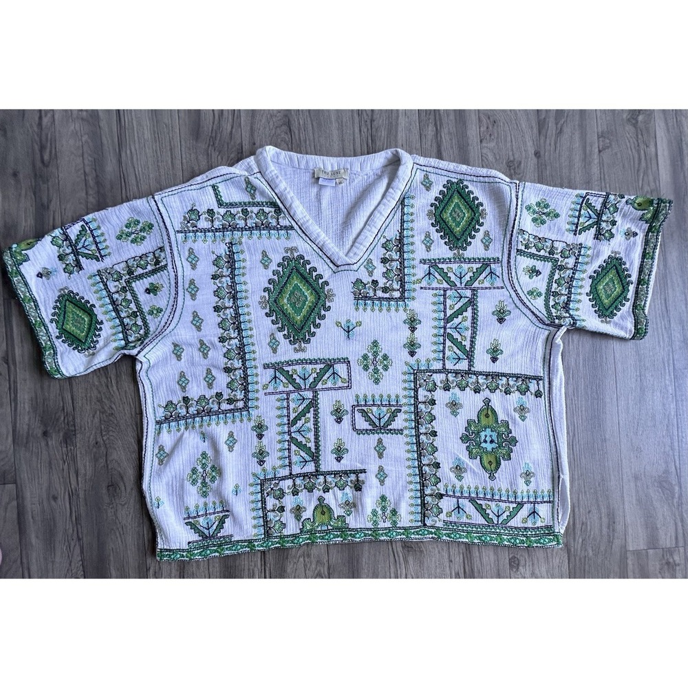 Tru‎ Luxe Jeans Boho Embroidered Cotton Gauze V-Neck Top - White/Green - Size XL